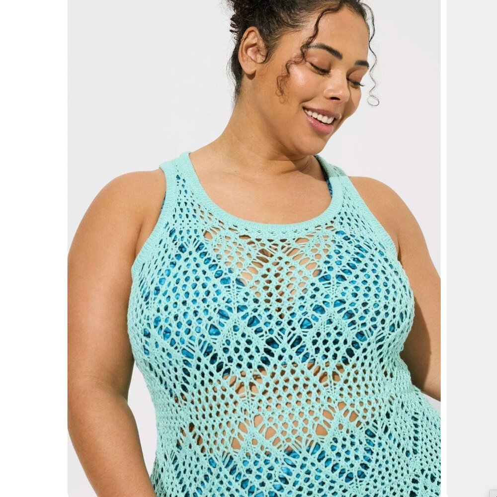Torrid Crochet Knit Fringe Coverup Dress Size 1X Mint Blue Beach Boho Vacation - Picture 3 of 14